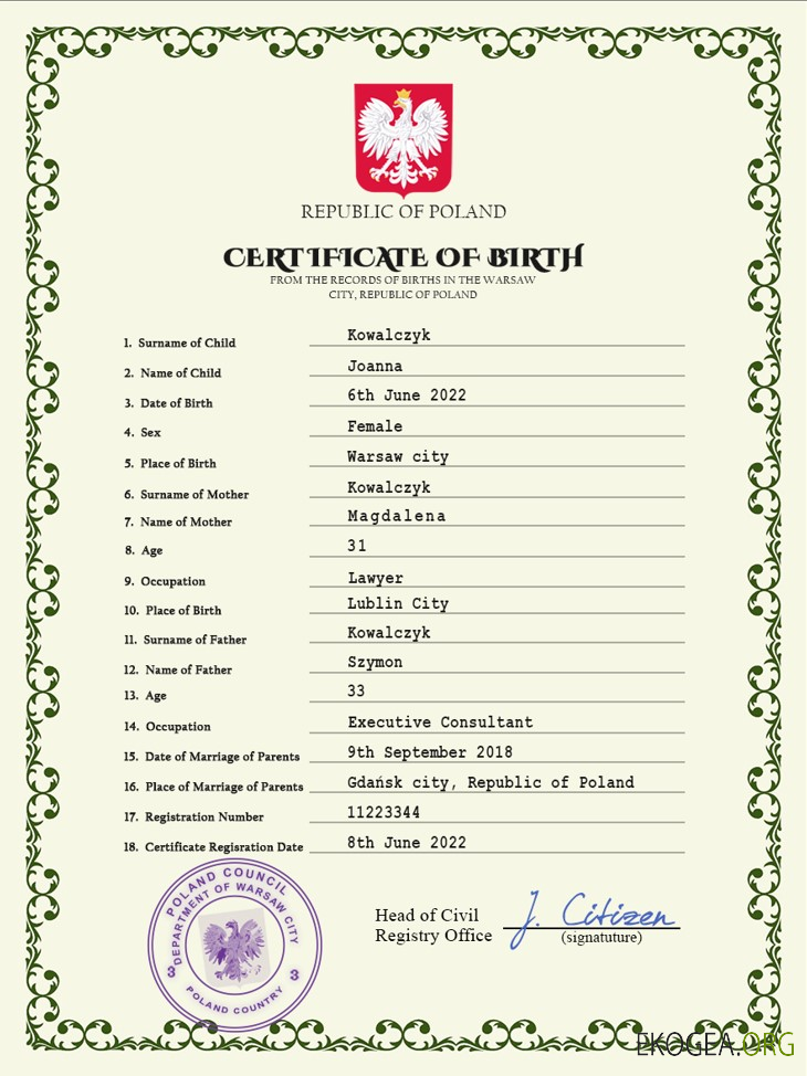 Modèle PSD d'acte de naissance d'acte d'état civil en Pologne,